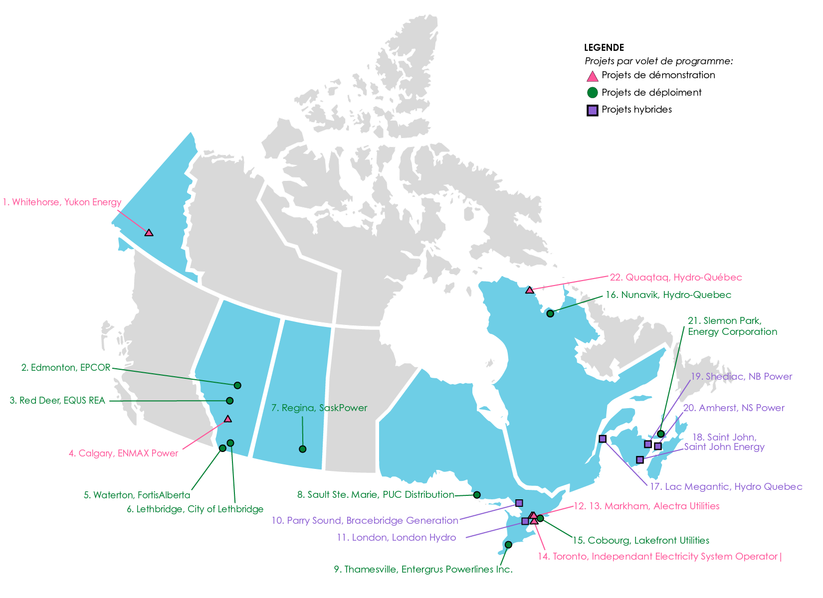 Figure un : Carte montrant 22 projets du PRI situés au Canada.