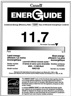 Une étiquette ÉnerGuide en noir et blanc pour les climatiseurs avec le symbole ENERGY STAR affichant le rapport de rendement énergétique combiné et une comparaison avec des modèles similaires.  