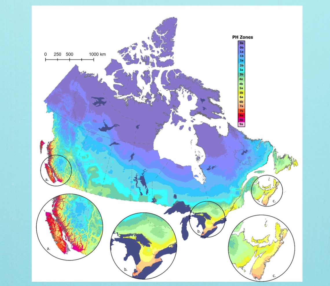 Carte du Canada utilisant un code de couleurs pour illustrer les différentes zones de rusticité des plantes.