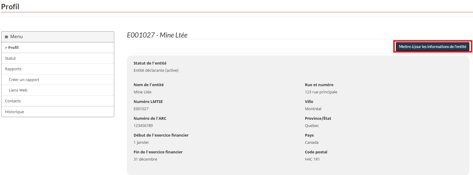 Page de profil de l’entité indiquant que vous devez sélectionner Modifier le profil pour modifier les détails.