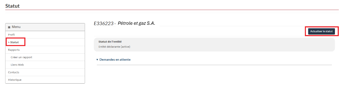 Page du Statut indiquant que vous devez sélectionner Actualiser le statut pour modifier le statut d’une entité.