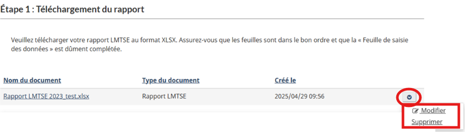 Fenêtre de téléchargement de rapport affichant les options permettant de modifier ou de supprimer un fichier pour un rapport dans le menu déroulant à droite.