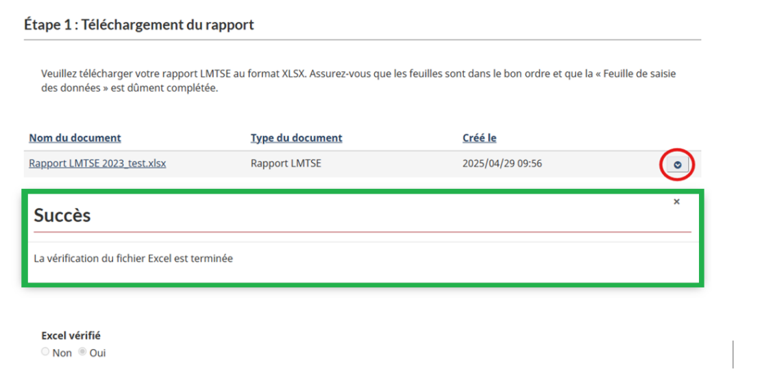 Page de soumission de rapport LMTSE indiquant que la vérification du rapport téléchargé a été effectuée avec succès.