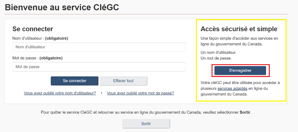 Bienvenue sur la page de connexion CléGC avec le bouton d’inscription mis en évidence.