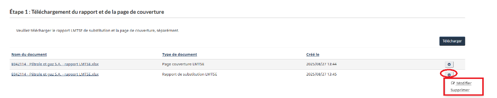 Page de téléchargement du rapport et de la page couverture montrant les options pour modifier ou supprimer un document dans le menu déroulant à droite.
