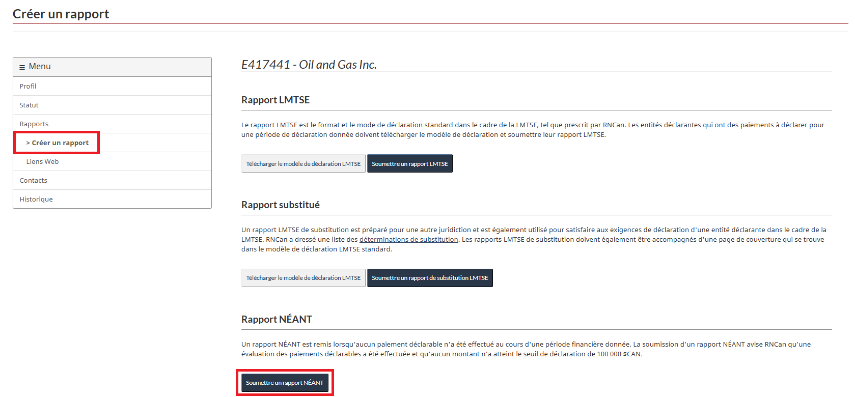 Page de création de rapport avec l’option de soumettre un rapport NÉANT mise en évidence.
