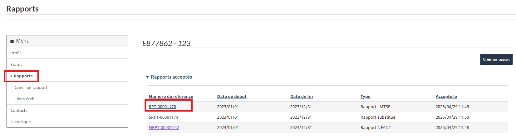 Page des rapports affichant la liste des rapports acceptés avec l’option de modifier les liens Web en sélectionnant l’hyperlien du numéro de référence.