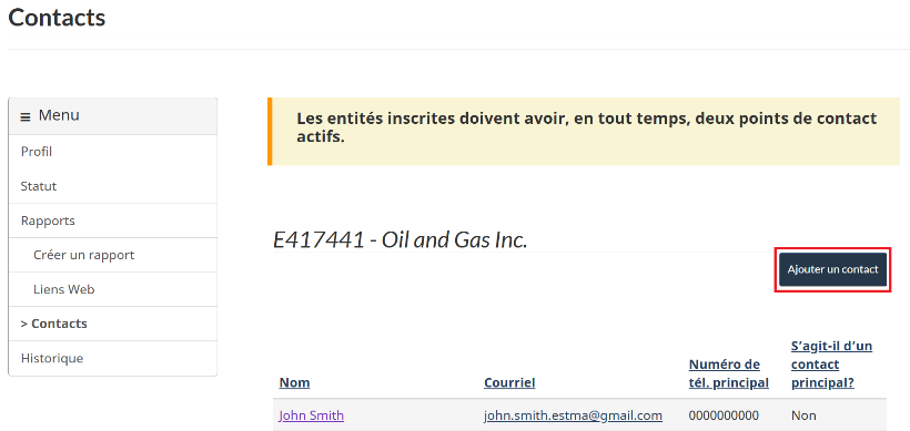 Page des contacts montrant que pour ajouter un contact, vous devez sélectionner l’hyperlien du nom concerné dans la liste des contacts.