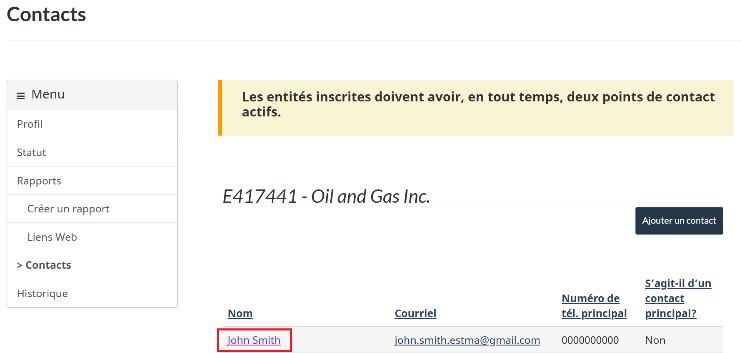 Page des contacts montrant que pour modifier un contact, vous devez sélectionner l’hyperlien du nom concerné dans la liste des contacts.