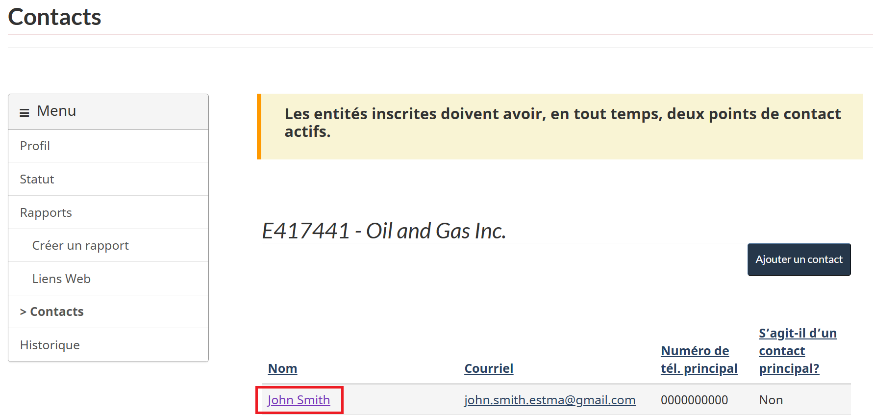 Page des contacts montrant que pour supprimer un contact, vous devez sélectionner l’hyperlien du nom concerné dans la liste des contacts.