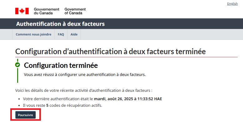 Page de confirmation de l’authentification à deux facteurs CléGC avec le bouton Continuer mis en évidence pour vous permettre de poursuivre l’enregistrement.