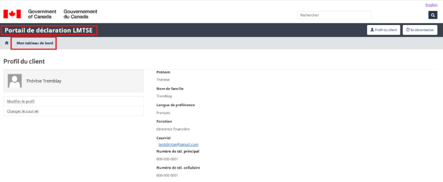 Page de profil client affichant le message de confirmation par courriel et le bouton Mon tableau de bord mis en évidence.
