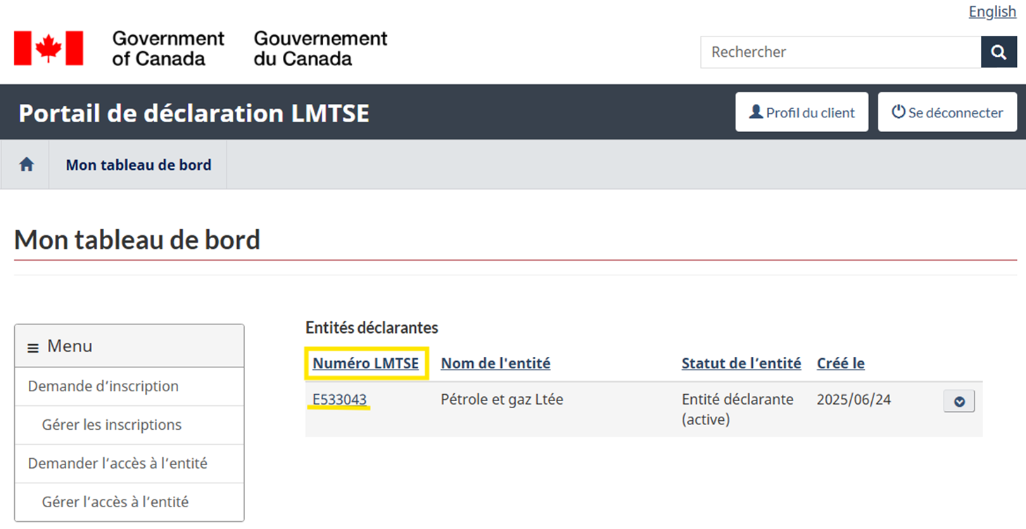Page Mon tableau de bord affichant la liste des entités déclarantes actives.
