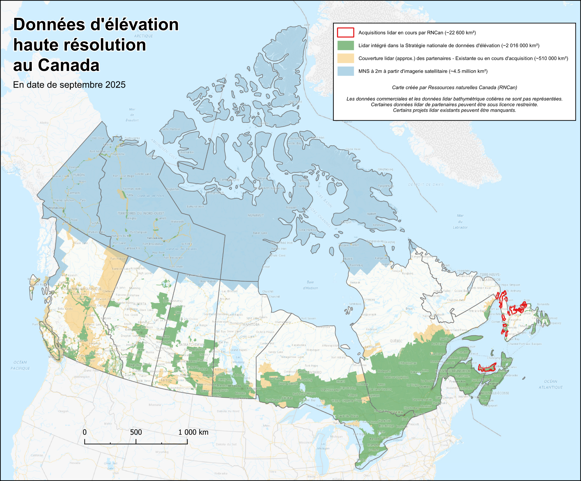 Une carte du Canada illustrant l’état actuel de la couverture des données d’élévation acquises par tous les niveaux de gouvernement