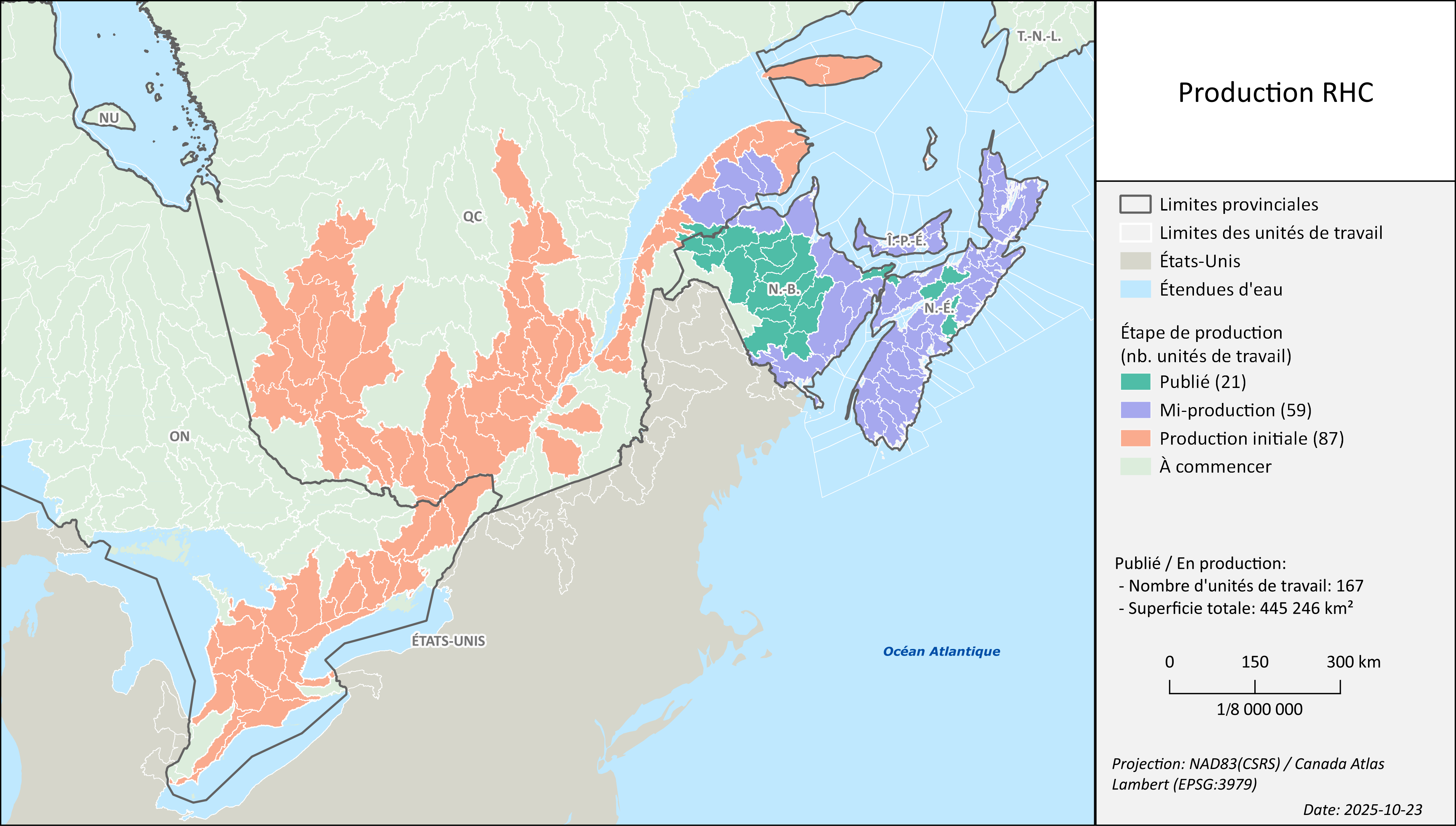 Carte montre l'emplacement des 16 premières unités de travail du Réseau hydrospatial canadien