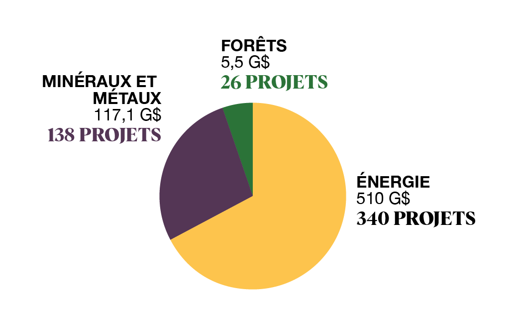 Ce graphique circulaire présente les investissements sectoriels et le nombre de grands projets de ressources naturelles dans 3 secteurs.