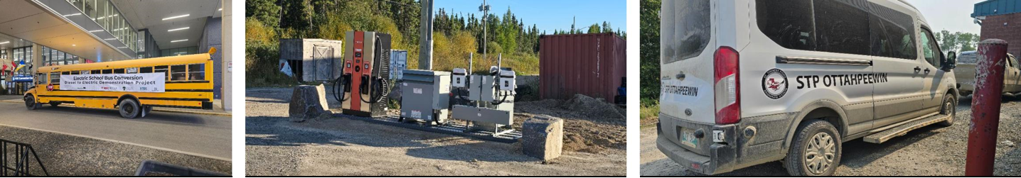 Un collage de trois images comprenant un autobus scolaire avec une grande bannière indiquant « Projet de démonstration de conversion d’autobus scolaire au diesel à l’électricité », une borne de recharge pour VE et une fourgonnette de transport.