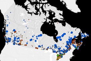 Une carte du Canada montrant les ressources et projets d'énergie propre (RPEP)