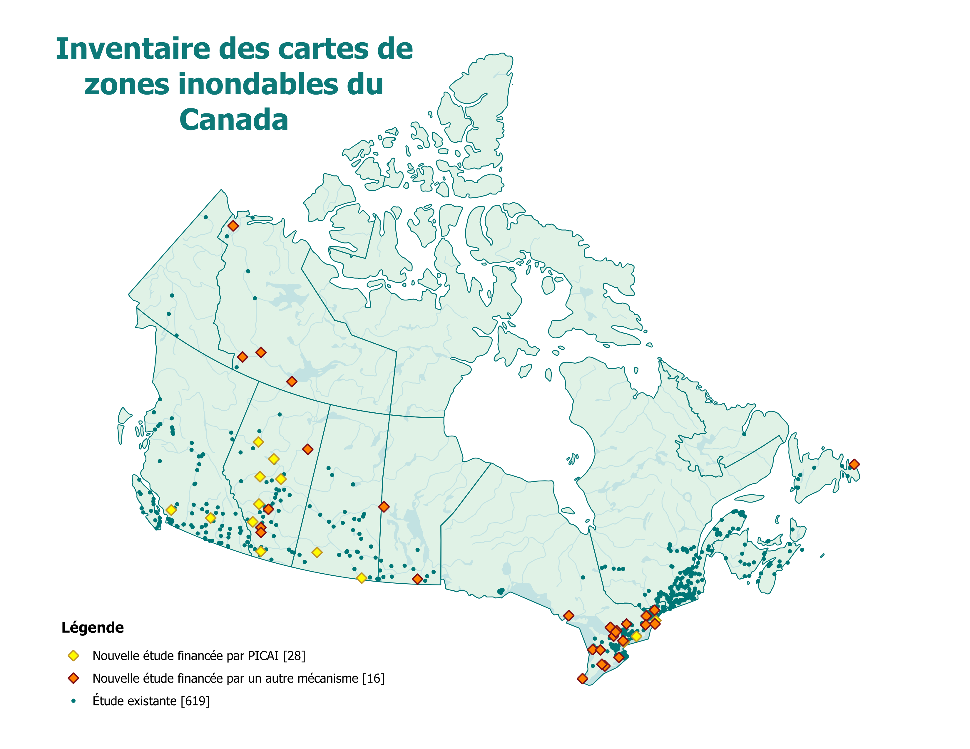 Carte du Canada montrant les études en cours et les nouvelles mises à jour selon les différentes sources de financement.