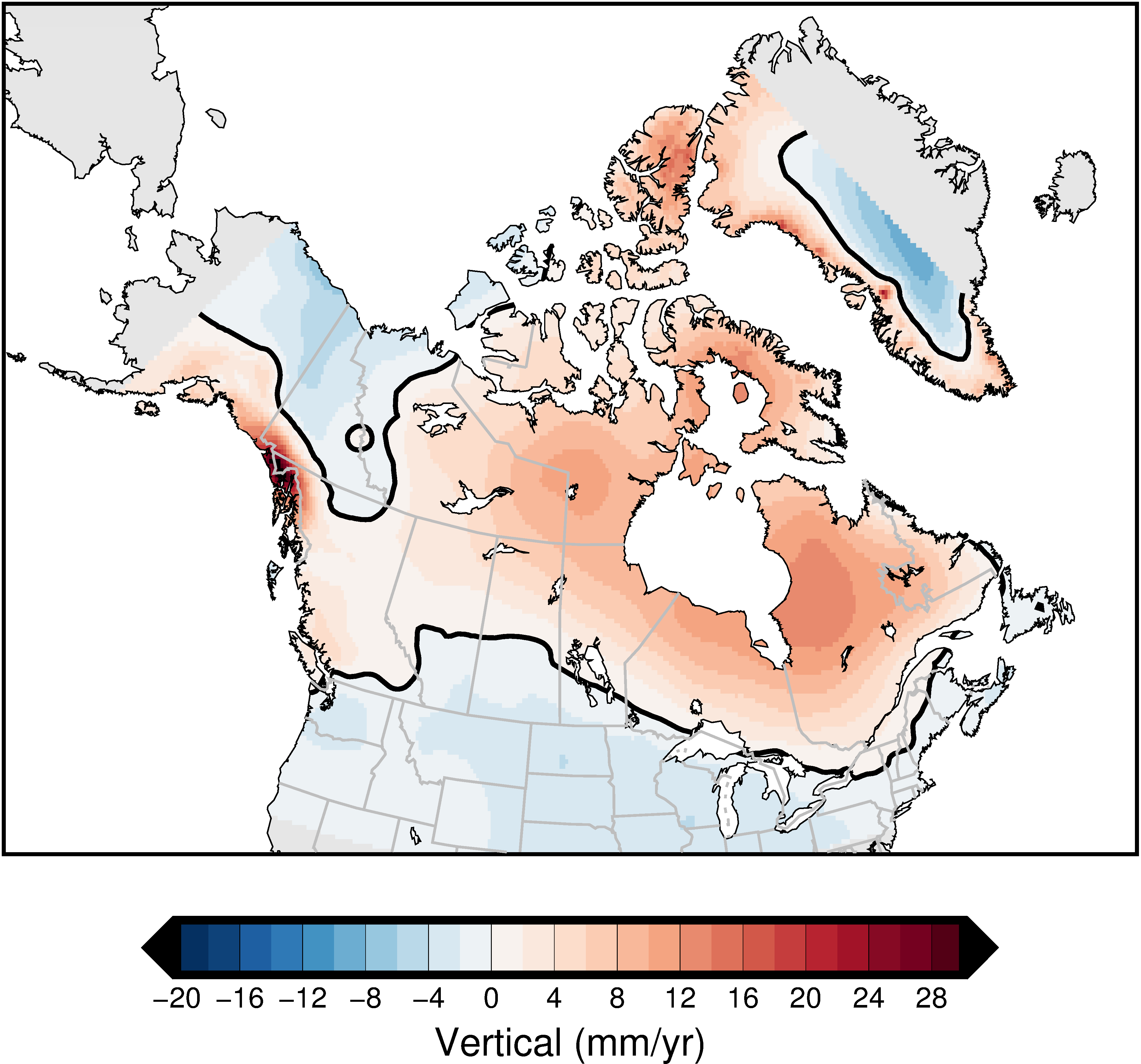 Nouveau modèle de mouvement crustal pour le Canada, publié dans le cadre de la mise à jour&nbsp;NAD83(SCRS) v.8 à l’automne&nbsp;2024. Voir Simon et coll. pour plus de détails.