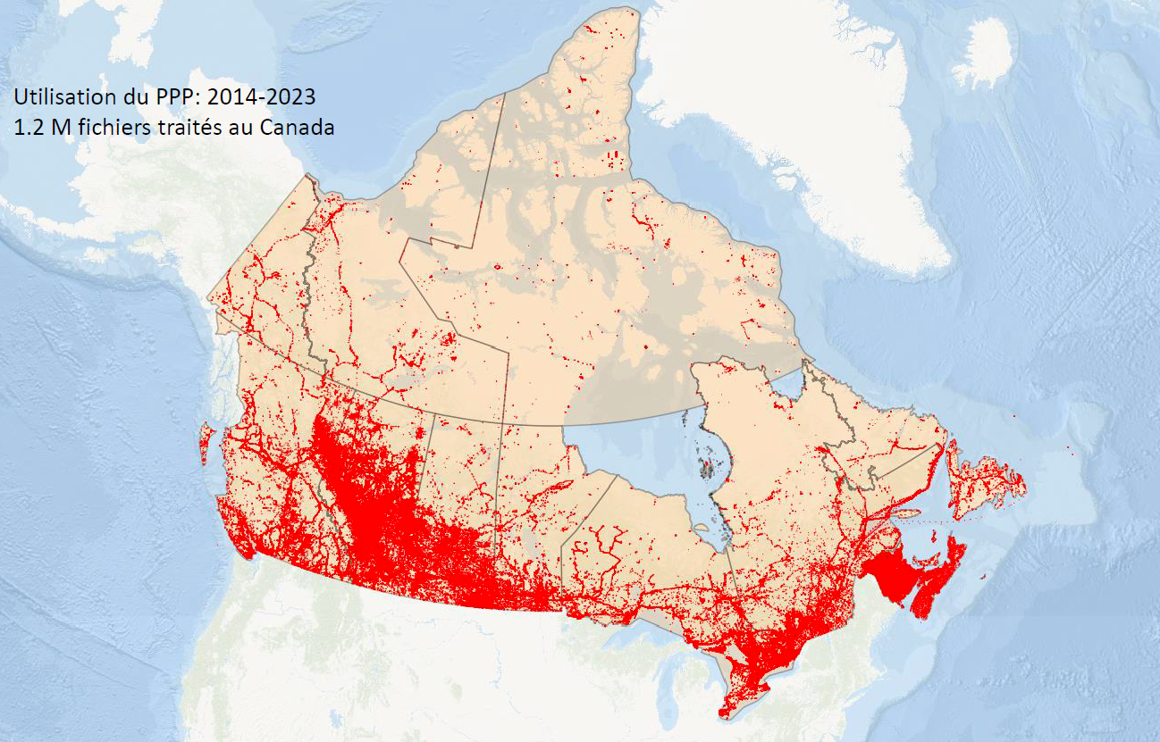 Carte du Canada, le rouge indiquant l'utilisation du service de positionnement par points précis du Système canadien de référence spatiale entre 2014 et 2023.