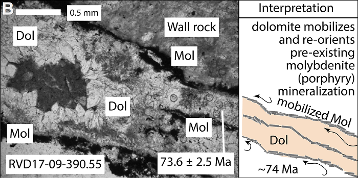 Microphotographie d'une veine de dolomite bordée de molybdénite (pas à l'échelle)