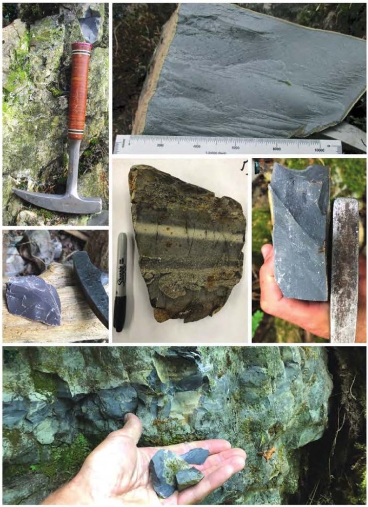 Ce collage de photos en gros plan montre des échantillons de roches gris foncé et striées, dont des roches plates et des fragments brisés. Un marteau de géologue et une règle sont placés à côté de certains spécimens pour donner une idée de l'échelle. Sur une des photos, une main tient un morceau de pierre rectangulaire à côté d’un autre échantillon de roche à des fins de comparaison.