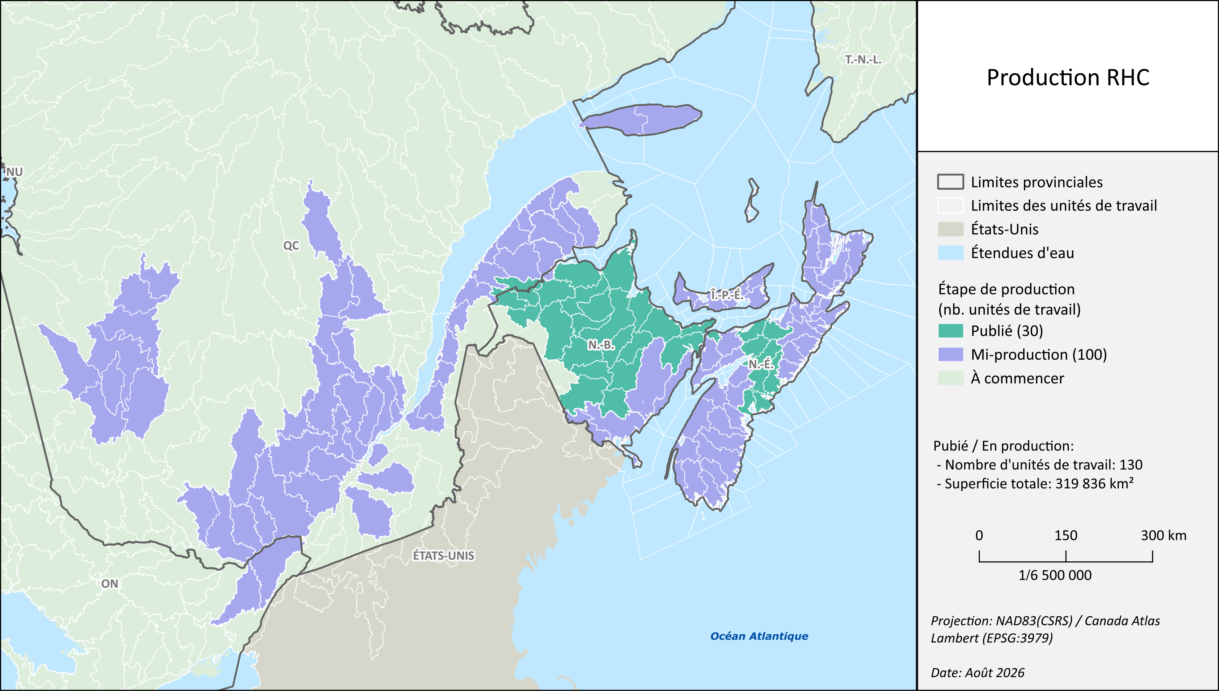 Une carte montrant l'emplacement des unités de travail du Réseau hydrospatial canadien.