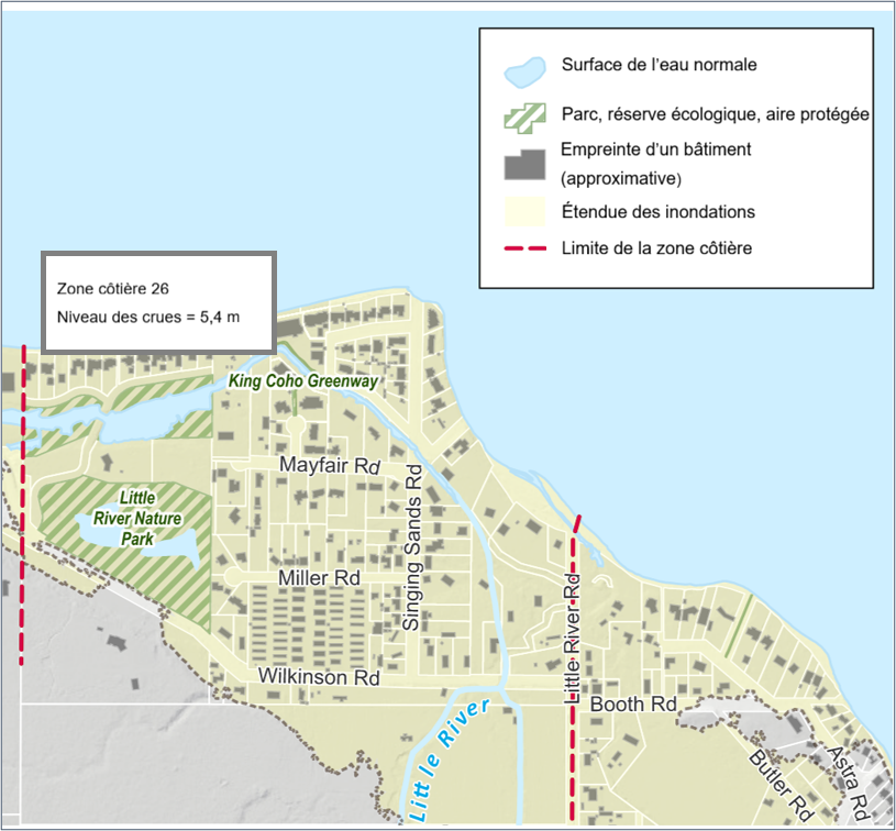 Carte d'une zone côtière montrant l'étendue d'une inondation.