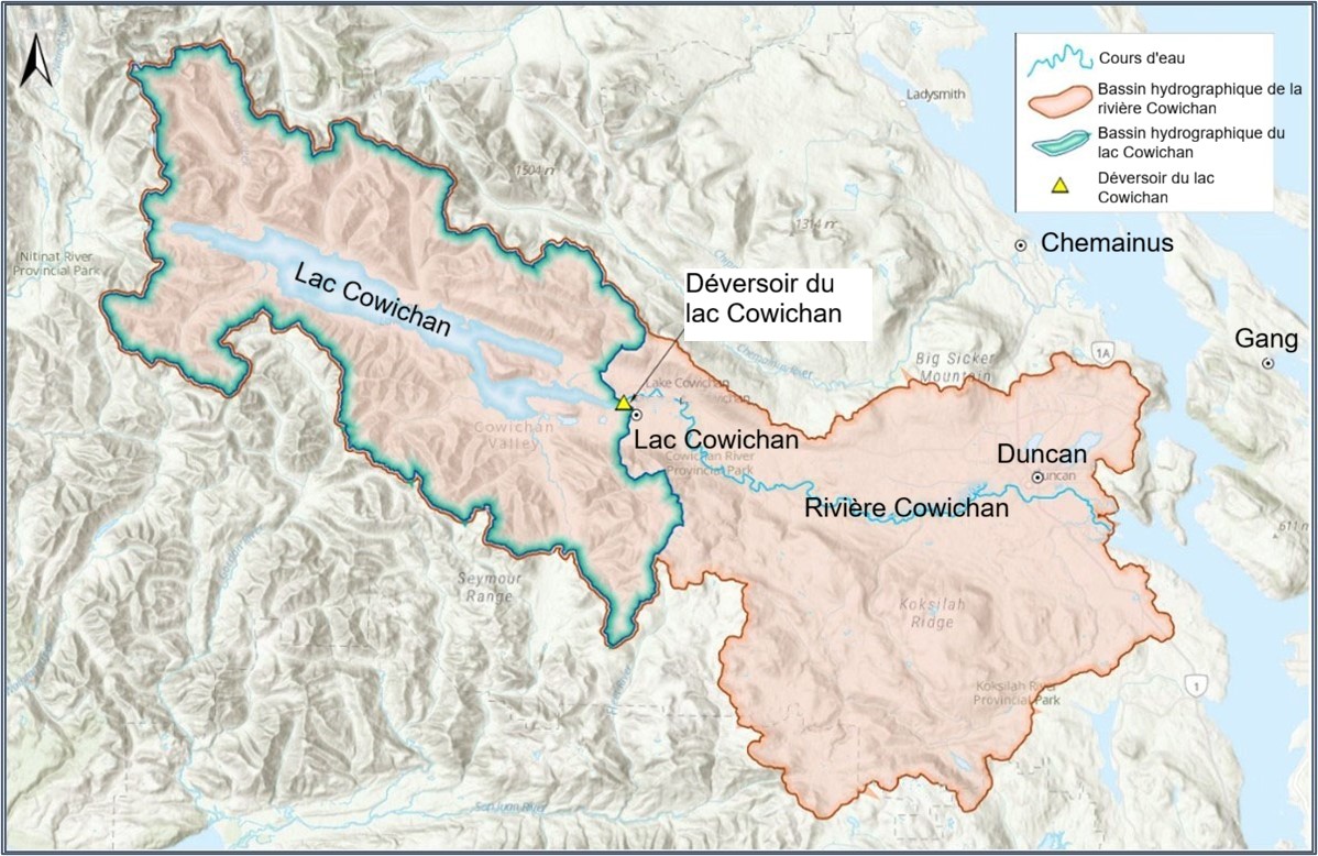 Carte topographique montrant les bassins versants de la rivière et du lac Cowichan.