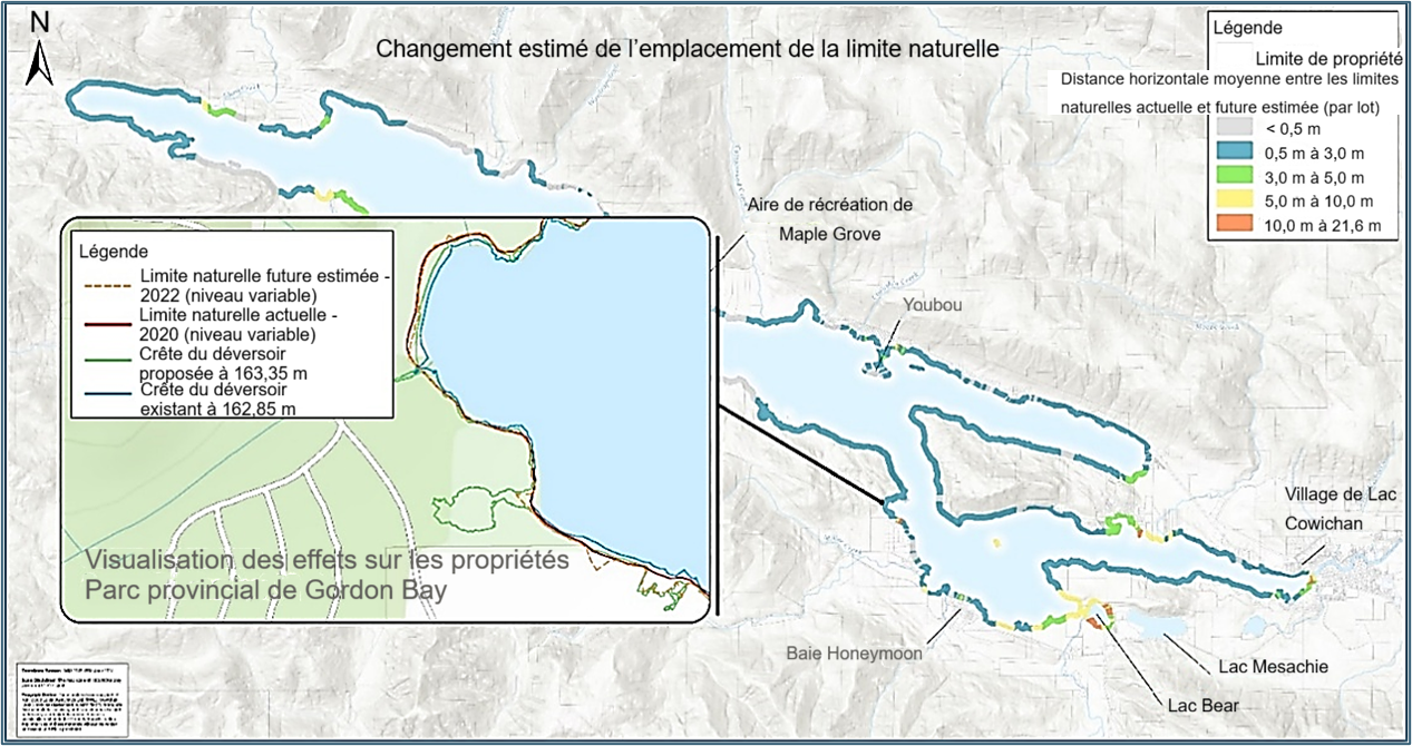 Carte topographique du changement estimé de l'emplacement de la limite naturelle au parc provincial de Gordon Bay.