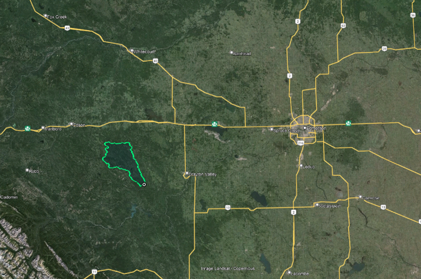 Carte satellite montrant une région en Alberta, près d'Edmonton.