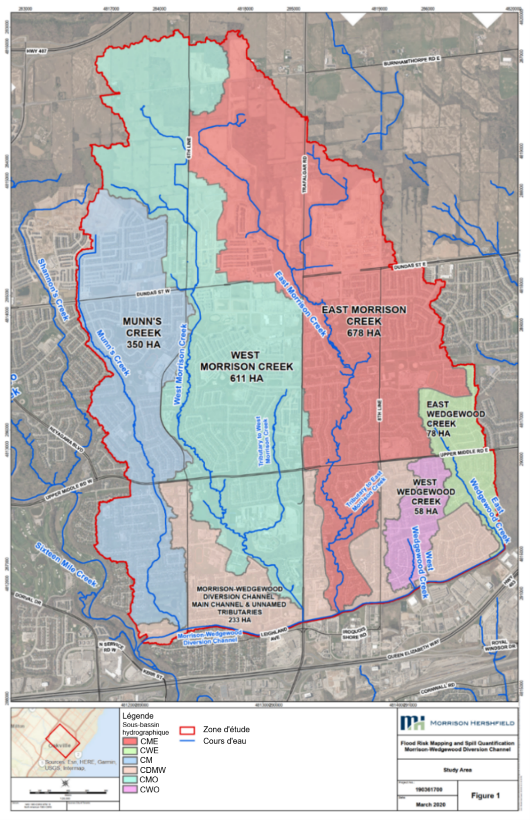 Carte thématique montrant une zone d'étude et les bassins versants.