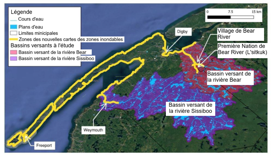 Carte géographique montrant les bassins versants des rivières Bear et Sissiboo et les zones inondables.