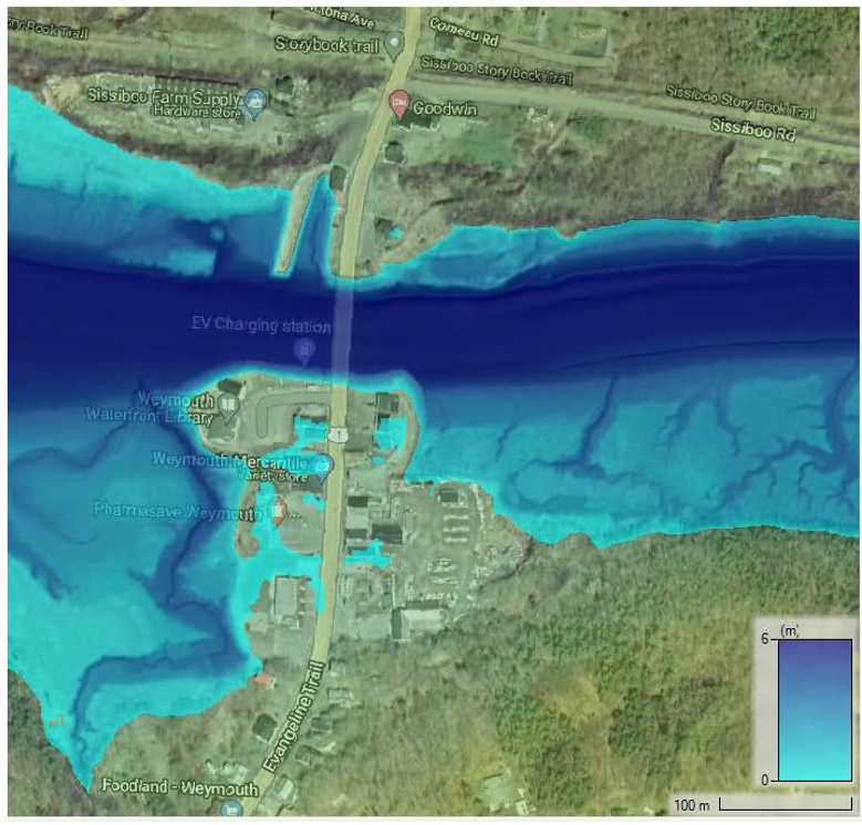 Carte montrant la profondeur d'inondation riveraines du village de Weymouth.