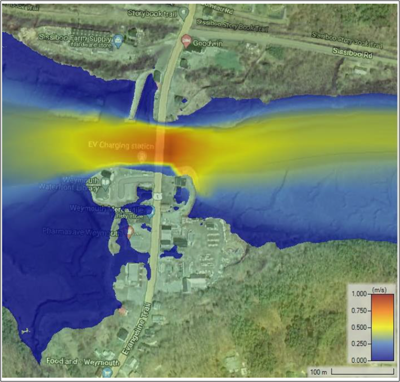 Carte de la vitesse d'inondation riveraines du village de Weymouth.