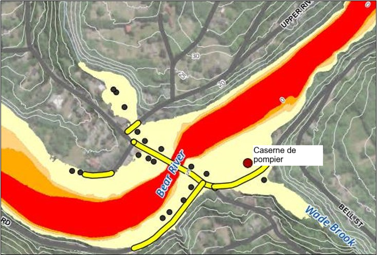Carte topographique des zones à risque d'inondation le long de la rivière Bear et Wade Brook.