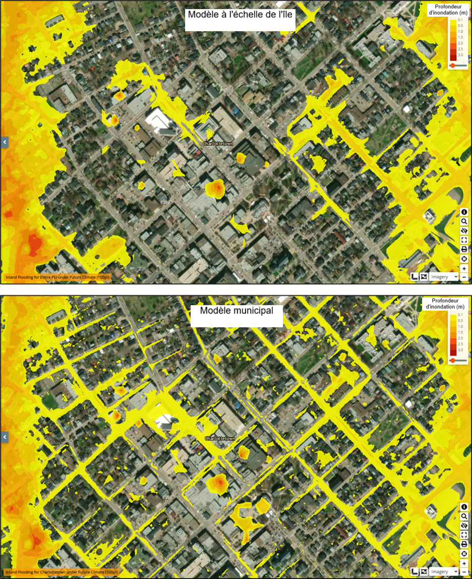 Carte comparative montrant deux modèles d'étendue d'inondation pluviale en milieu urbain.