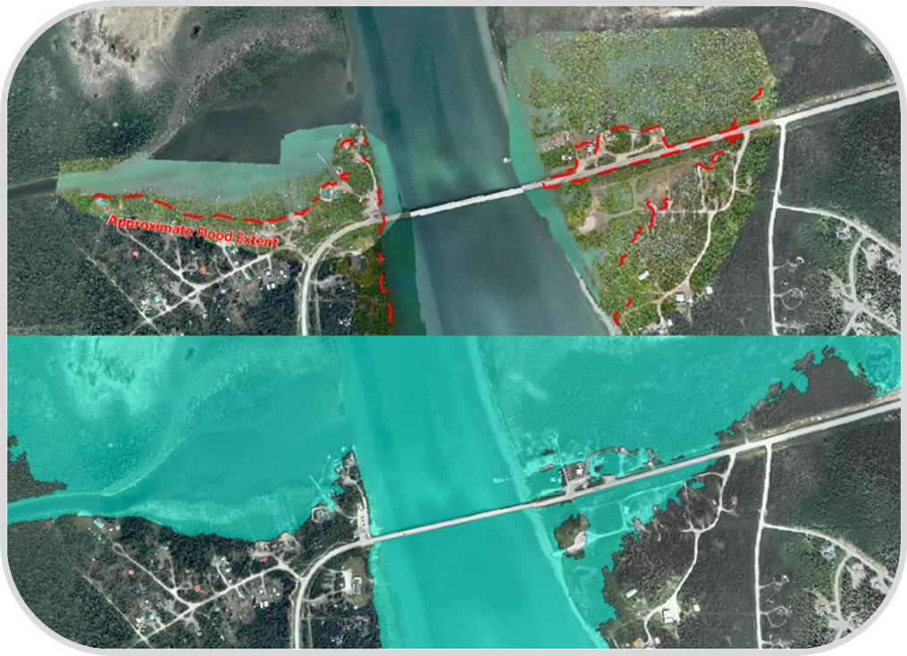 Deux images aériennes de la probabilité de l’étendue d’une inondation par rapport aux zones inondables cartographiées.