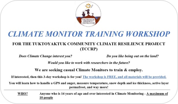 Affiche annonçant un atelier de formation sur la surveillance du climat pour la communauté de Tuktoyaktuk.