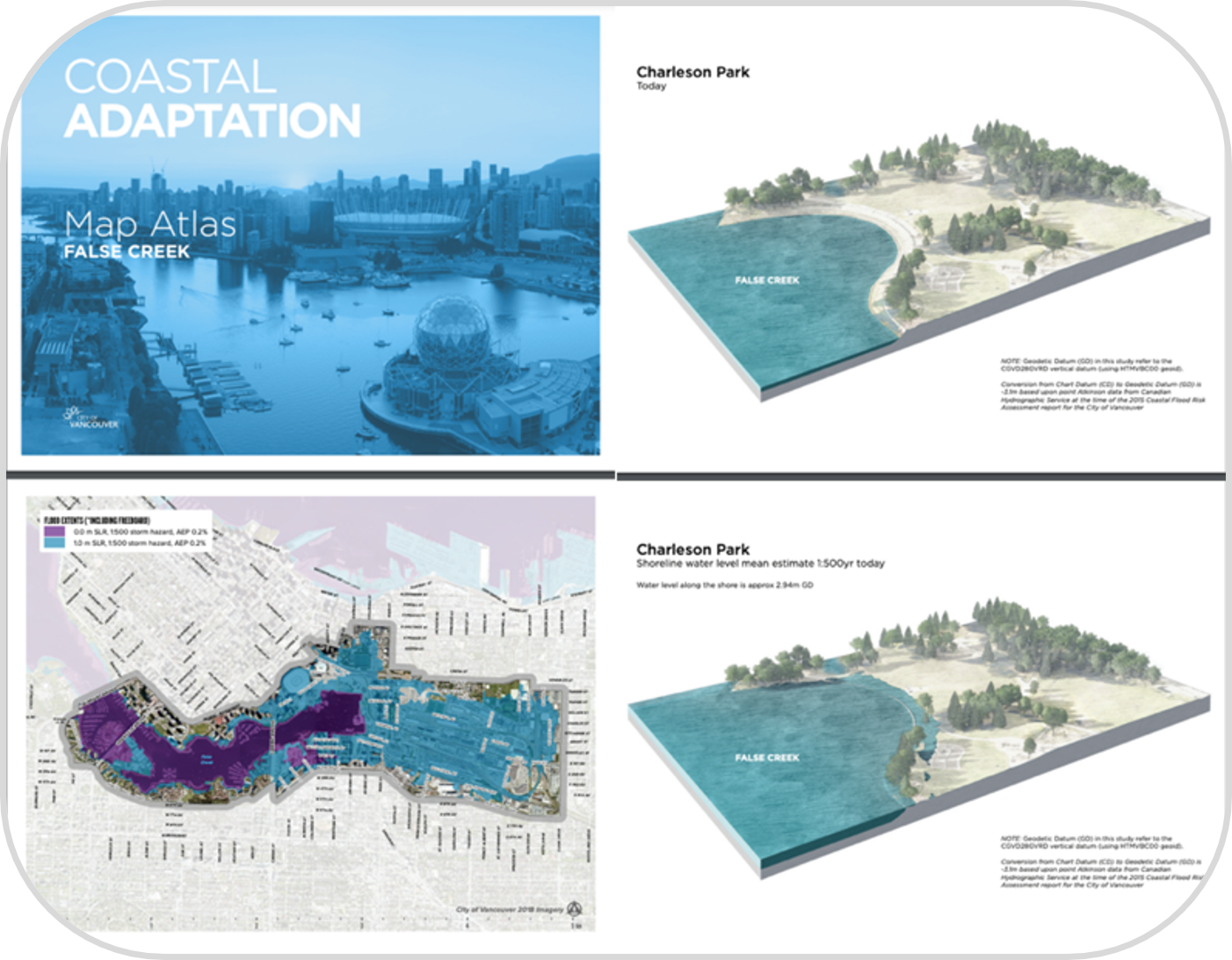 Photo, modèles 3D du paysage et carte des conditions d’inondation actuelles et projetées pour la baie de False Creek.