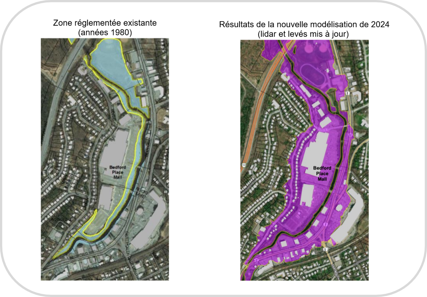 Cartes comparant la zone inondable réglementaire dans les années&nbsp;1980 et celle élargie de 2024.