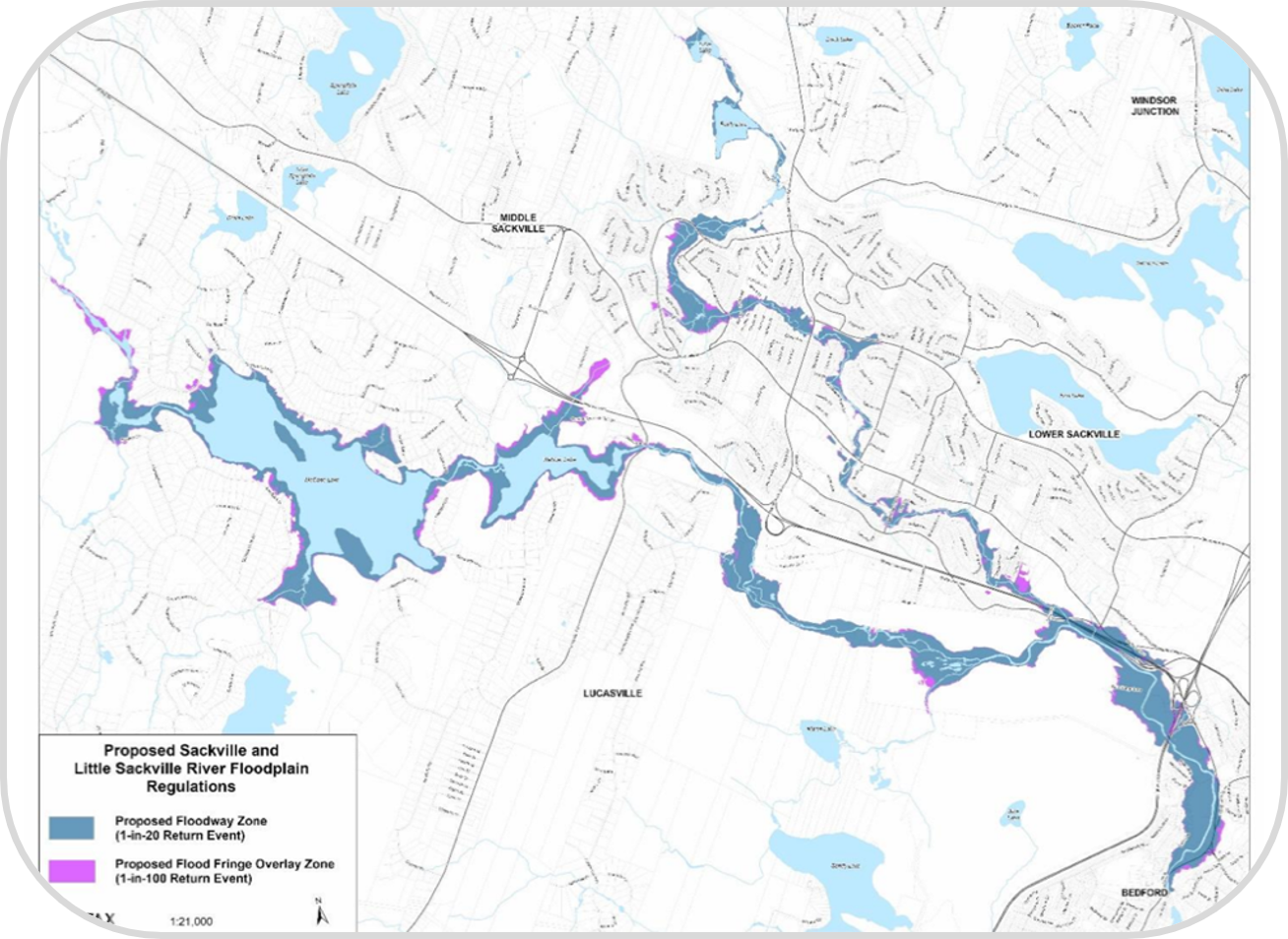 Carte montrant les zones inondables principales et secondaires le long des rivières Sackville et Little Sackville.