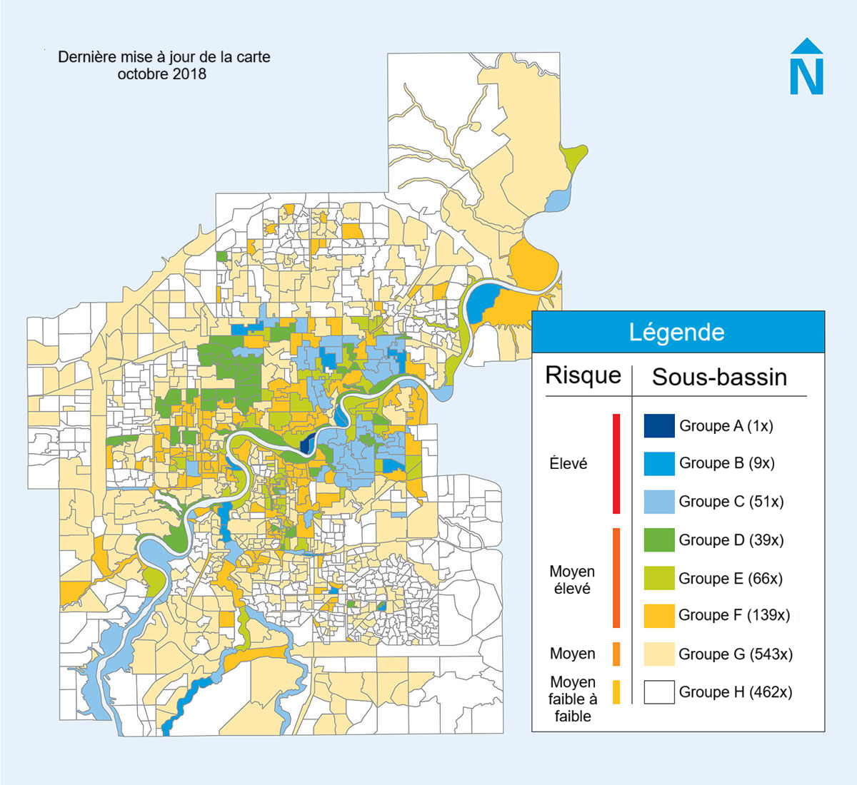 Carte montrant les niveaux de risque des sous-bassins dans une zone urbaine.