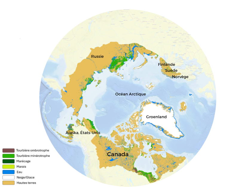 Carte circumpolaire des terres humides de l’Arctique montrant les différents types de terres humides qui s’y trouvent