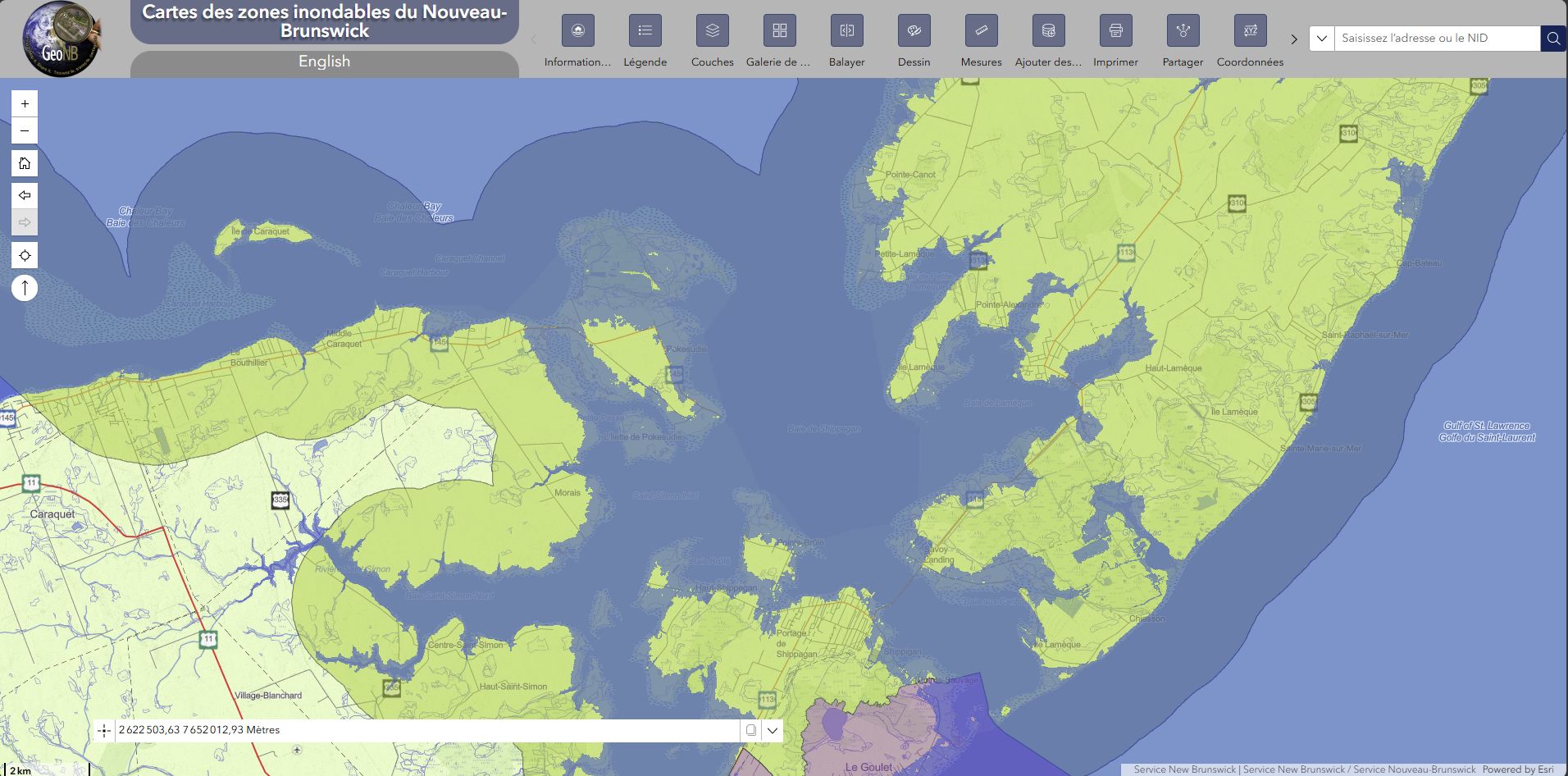 Carte interactive des zones inondables du Nouveau-Brunswick.