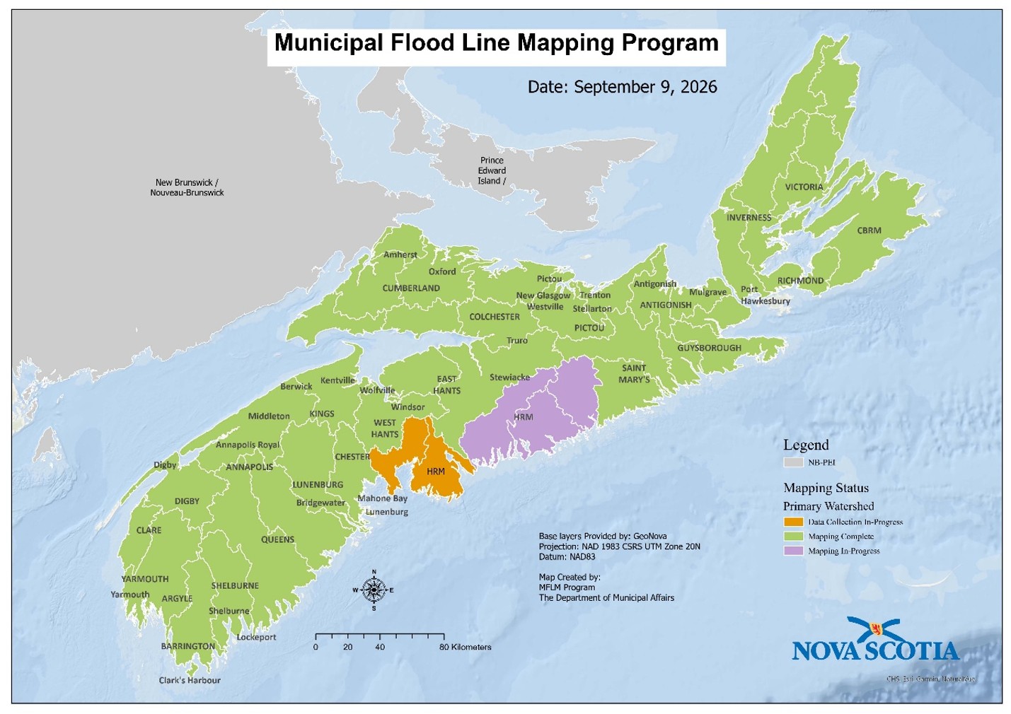 Carte de la Nouvelle-Écosse de l’état d’avancement du Programme municipal de cartographie des lignes de zones inondables
