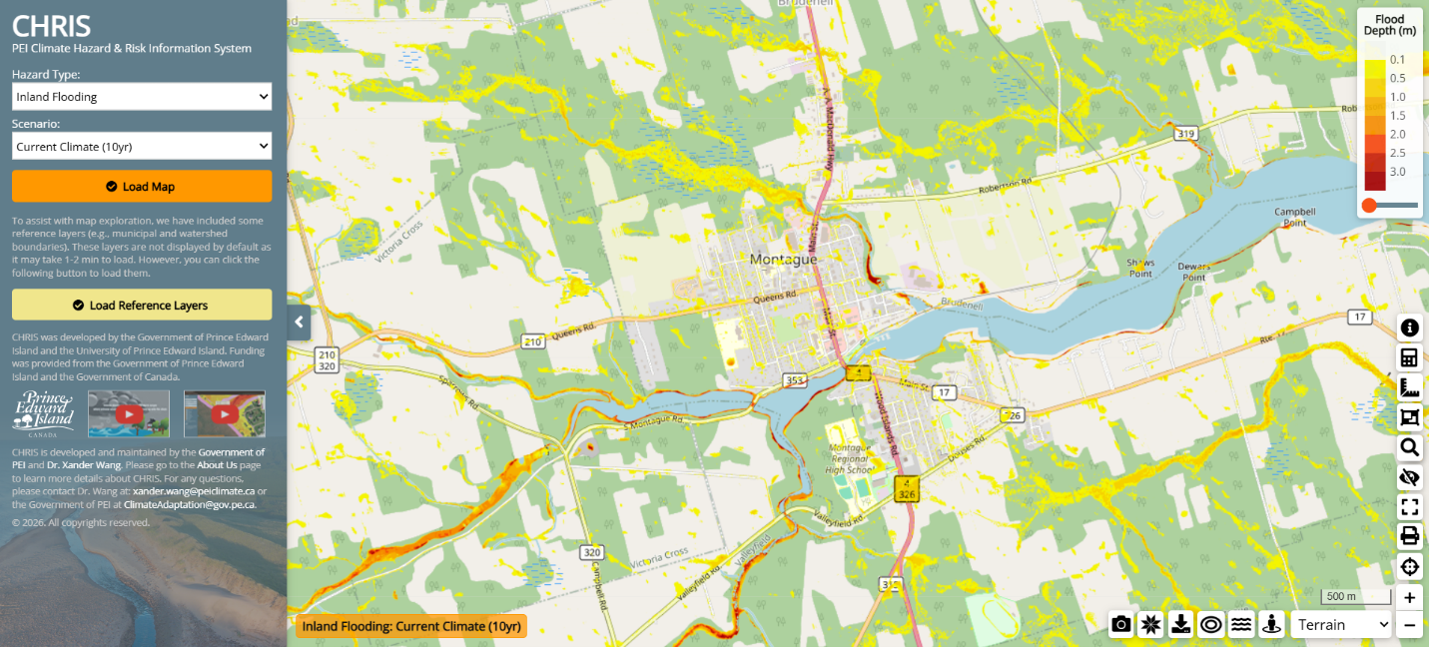Capture d’écran de la carte du système d’information sur les aléas climatiques et les risques de l’Île du Prince Édouard