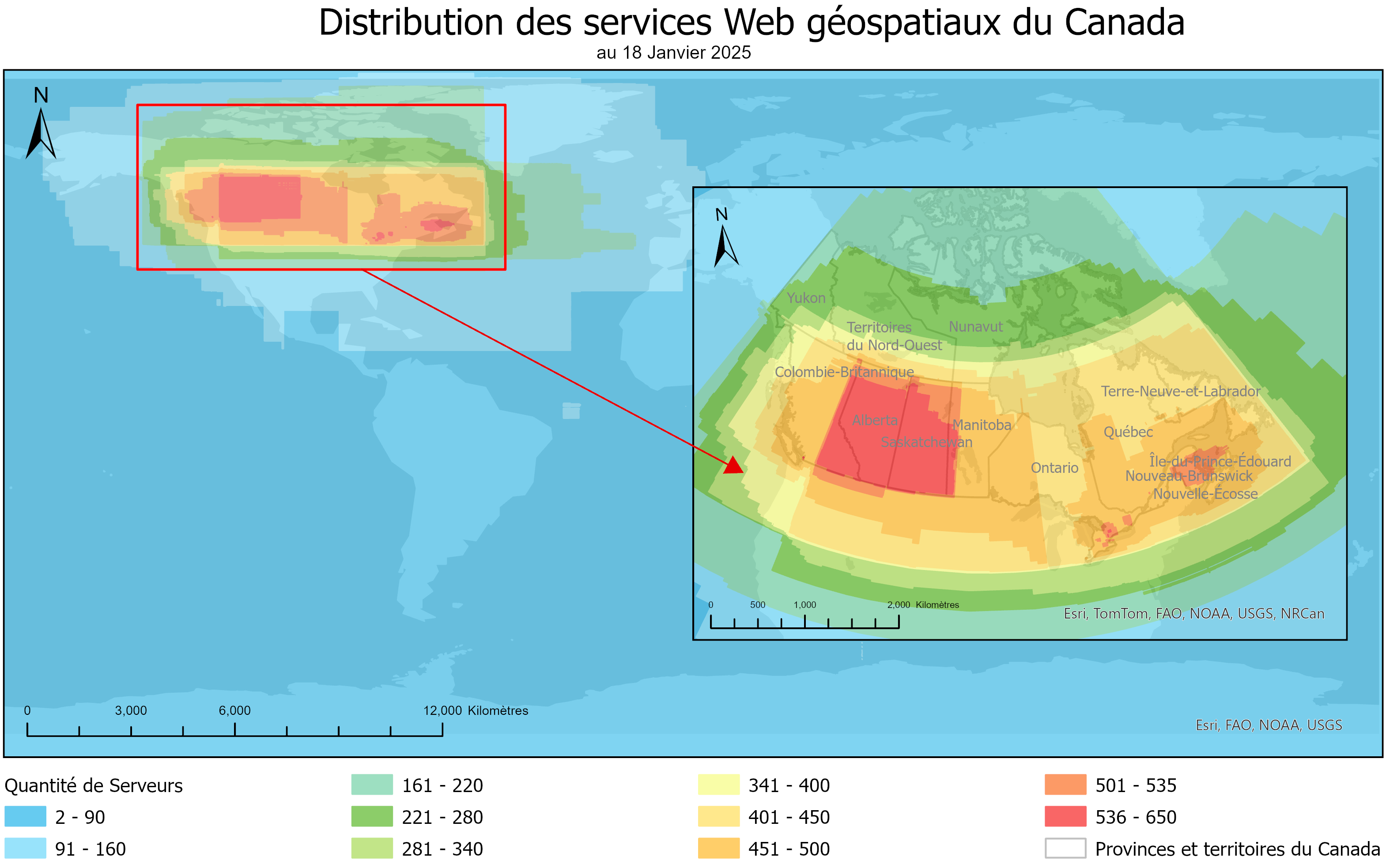 Une carte du Canada en médaillon sur une carte du monde montre la distribution des services Web géospatiaux au Canada. Les services sont surtout concentrés en Alberta et en Saskatchewan, et leur nombre diminue généralement en allant vers le nord et les côtes de l’Atlantique et du Pacifique. Données en date du 18 janvier 2025.