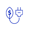 Un logo bleu et blanc avec une fiche et un signe dollar